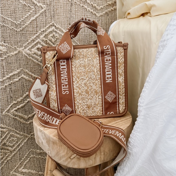 Steve Madden Handbags - Steve Madden Brown Woven Logo-Trim Crossbody Bag